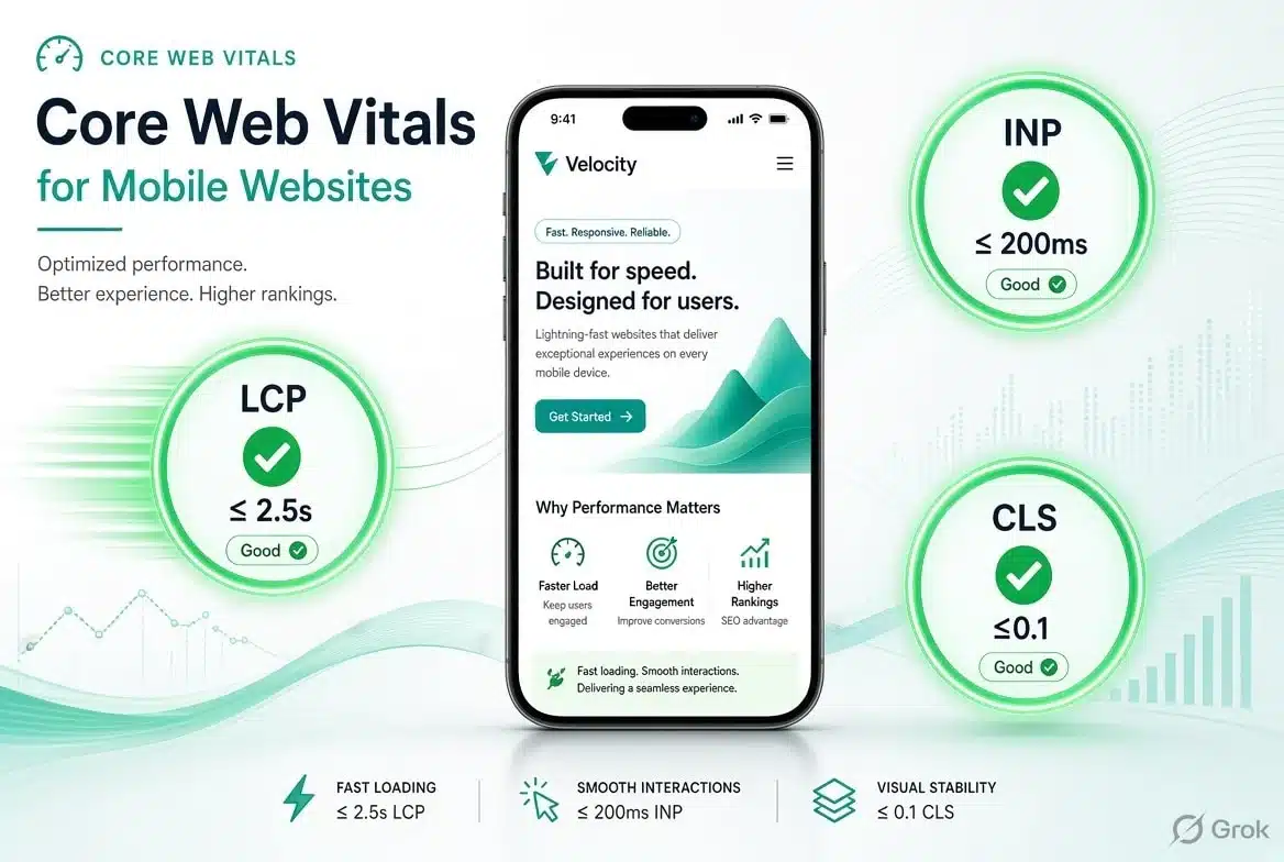 Core Web Vitals scorecard on a smartphone showing LCP, INP and CLS scores for a mobile-first website Core Web Vitals scorecard on a smartphone showing LCP, INP and CLS scores for a mobile-first website