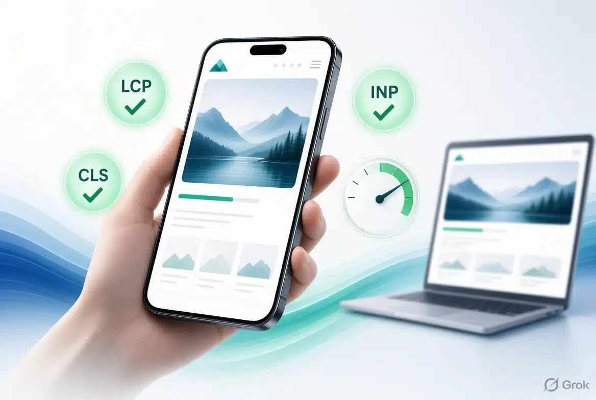 Mobile-first performance and Core Web Vitals shown on a phone with speed and page loading indicators Mobile-first performance and Core Web Vitals shown on a phone with speed and page loading indicators